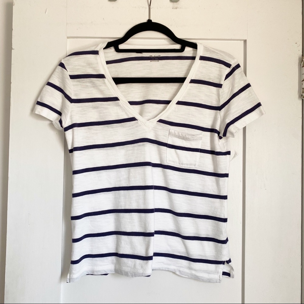 Madewell White & Navy Striped V-Neck Tee